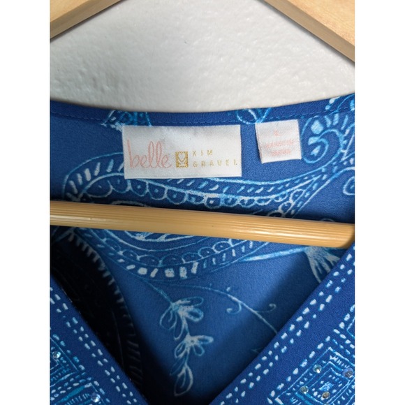 Belle By Kim Gravel Shirt Womens Large Blue Paisley V Neck Rhinestone Tunic Top - Picture 3 of 7